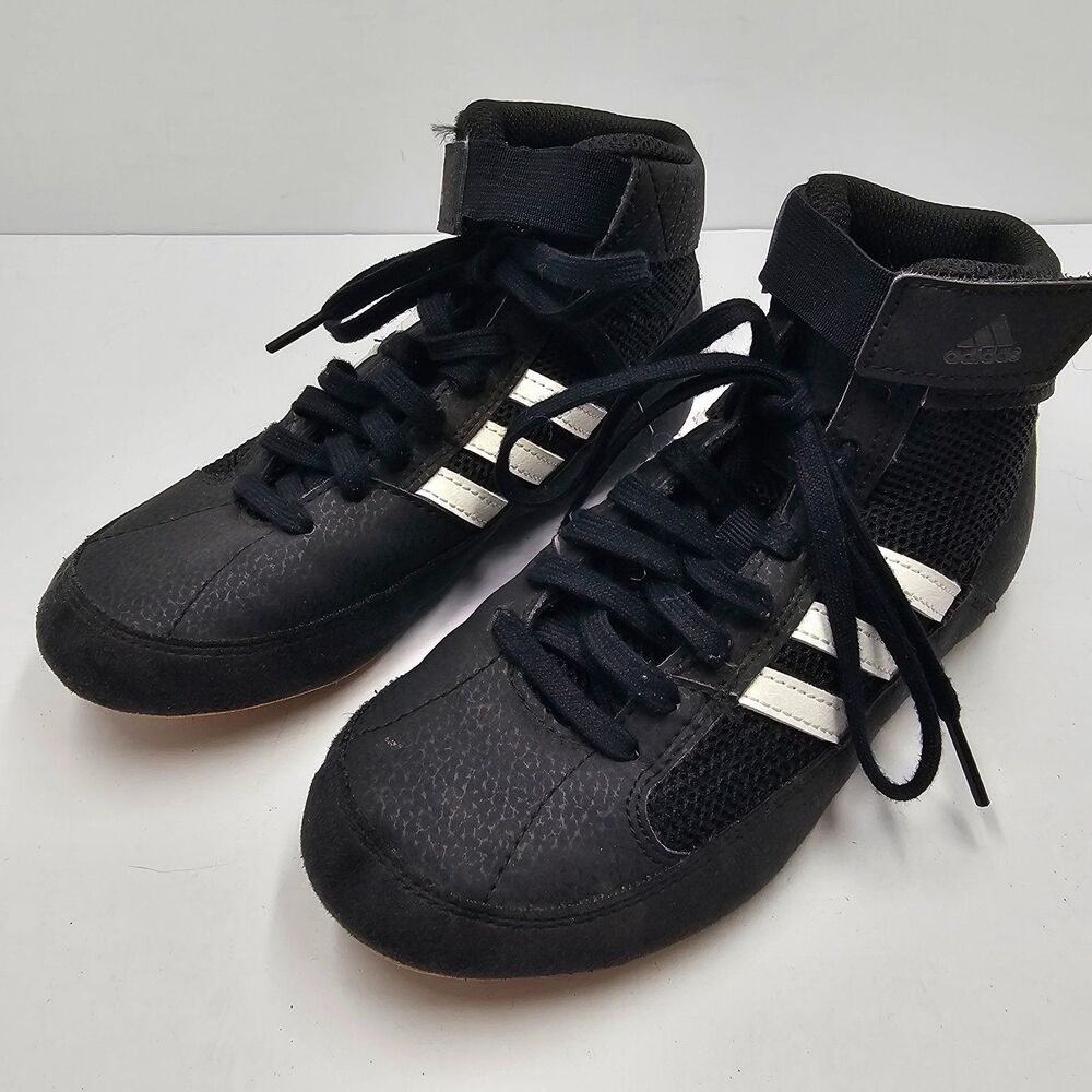 Adidas Youth HVC2 Lace Up Wrestling Shoes Black/White Boxing Mat AQ3327 Boys 1.5